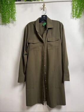 Relaxed Olive Button-Up Shirt Dress